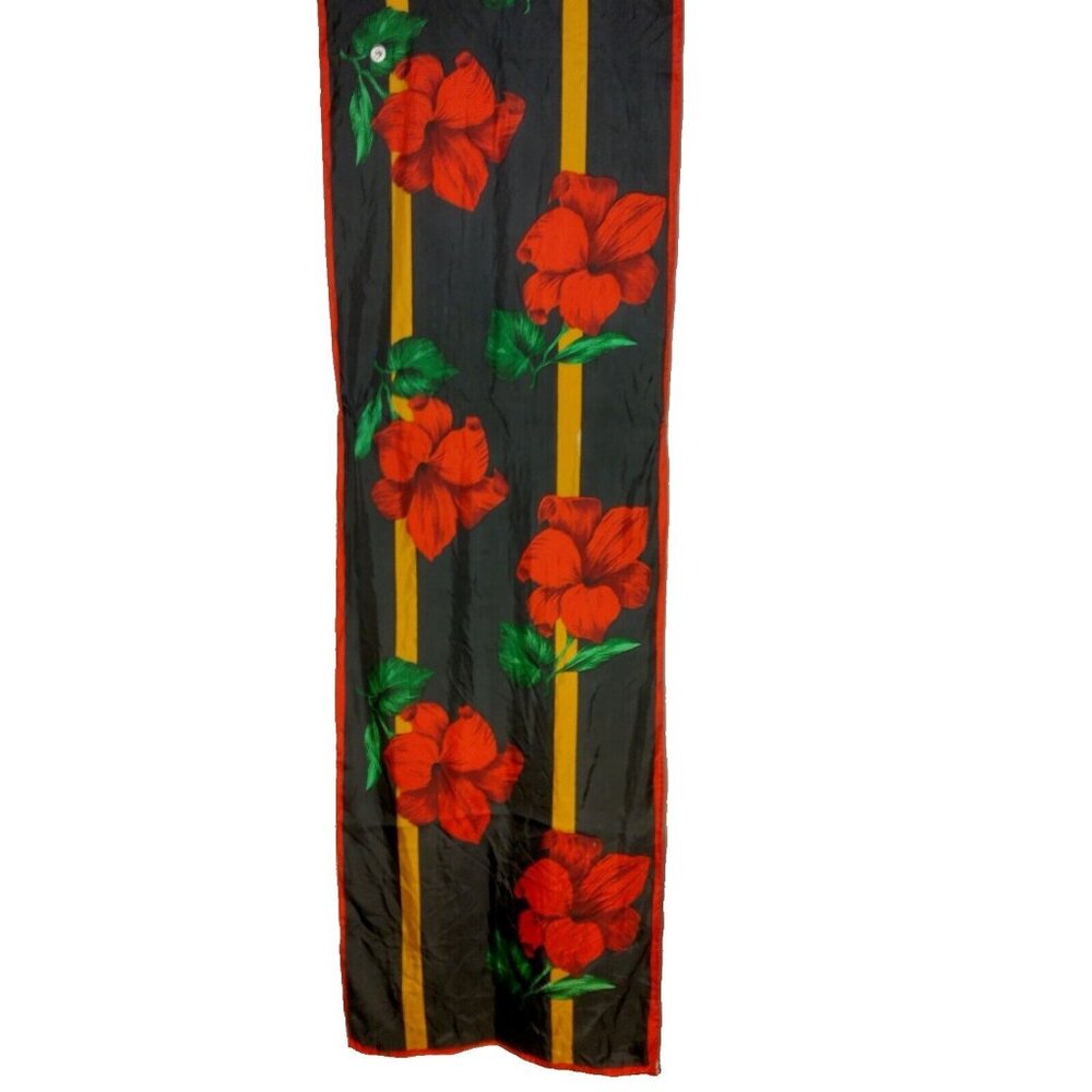 Golden Camel Silk Scarf Hand Rolled Black Red Floral Rectangle Fashion 16x58"